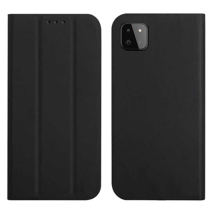 For Samsung Galaxy A22 5G 3-Folding Ultrathin Skin Feel Magnetic Solid Color Horizontal Flip Leather Case with Holder