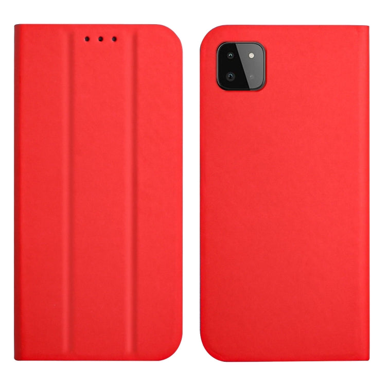 For Samsung Galaxy A22 5G 3-Folding Ultrathin Skin Feel Magnetic Solid Color Horizontal Flip Leather Case with Holder