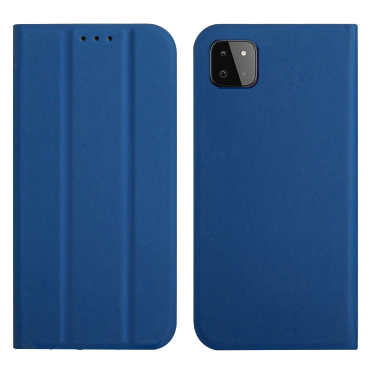 For Samsung Galaxy A22 5G 3-Folding Ultrathin Skin Feel Magnetic Solid Color Horizontal Flip Leather Case with Holder