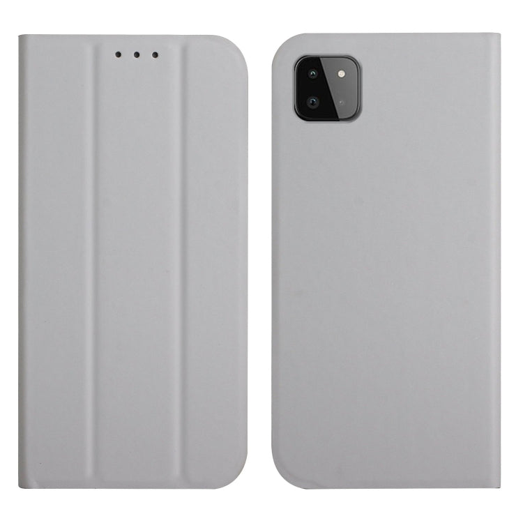 For Samsung Galaxy A22 5G 3-Folding Ultrathin Skin Feel Magnetic Solid Color Horizontal Flip Leather Case with Holder