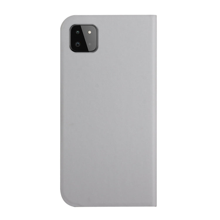 For Samsung Galaxy A22 5G 3-Folding Ultrathin Skin Feel Magnetic Solid Color Horizontal Flip Leather Case with Holder