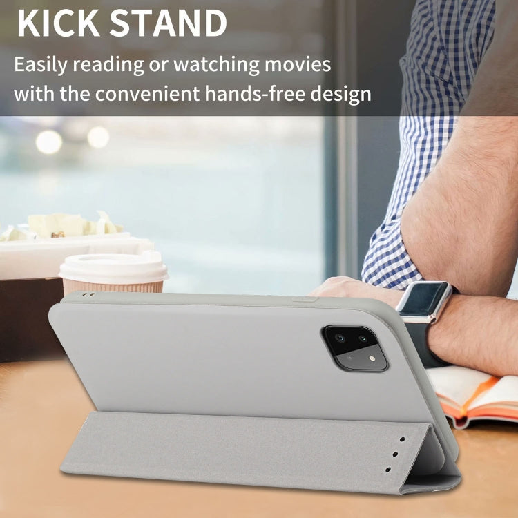 For Samsung Galaxy A22 5G 3-Folding Ultrathin Skin Feel Magnetic Solid Color Horizontal Flip Leather Case with Holder