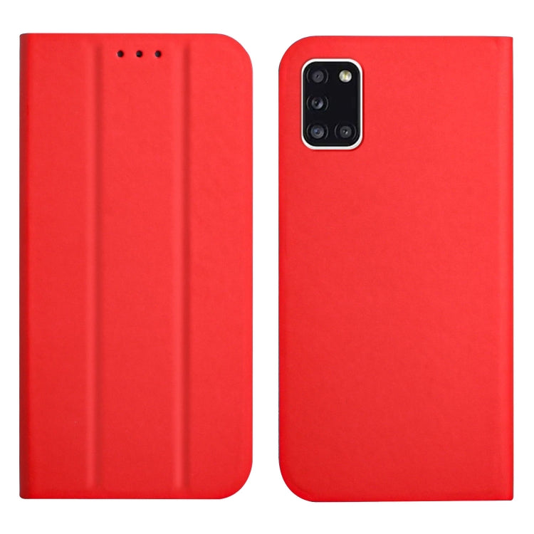 For Samsung Galaxy A31 3-Folding Ultrathin Skin Feel Magnetic Solid Color Horizontal Flip Leather Case with Holder