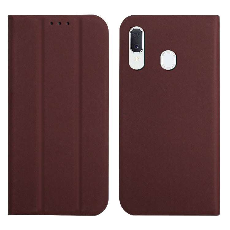 For Samsung Galaxy A40 3-Folding Ultrathin Skin Feel Magnetic Solid Color Horizontal Flip Leather Case with Holder