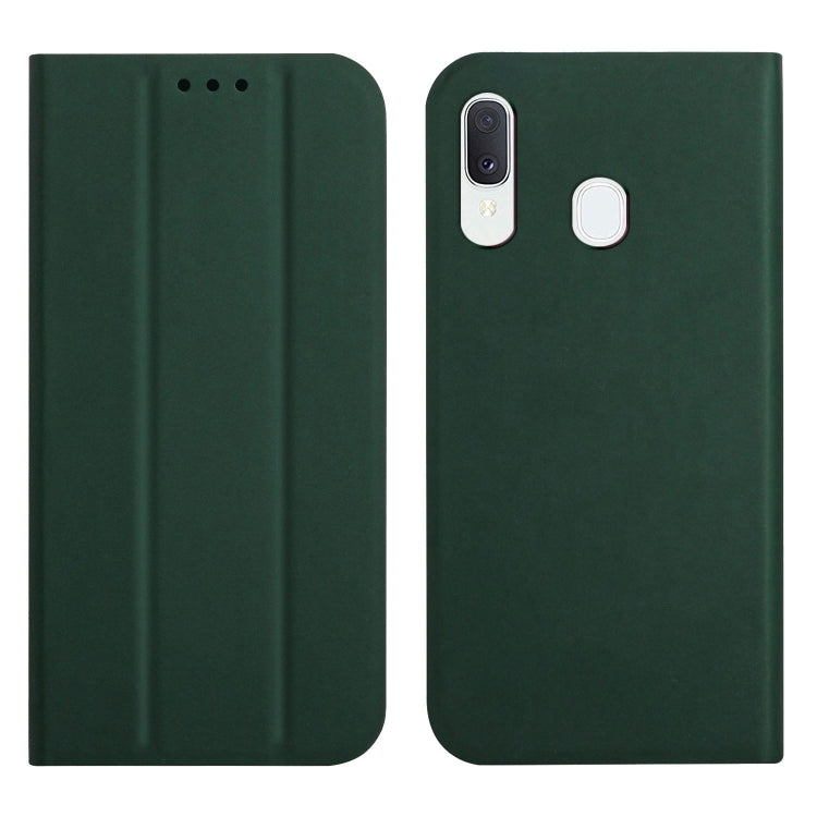 For Samsung Galaxy A40 3-Folding Ultrathin Skin Feel Magnetic Solid Color Horizontal Flip Leather Case with Holder