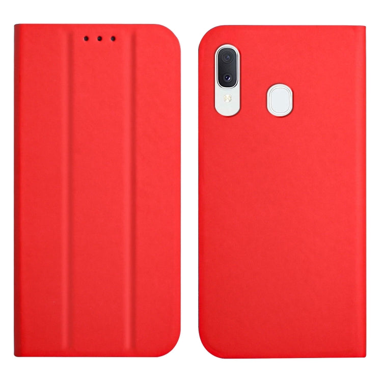 For Samsung Galaxy A40 3-Folding Ultrathin Skin Feel Magnetic Solid Color Horizontal Flip Leather Case with Holder