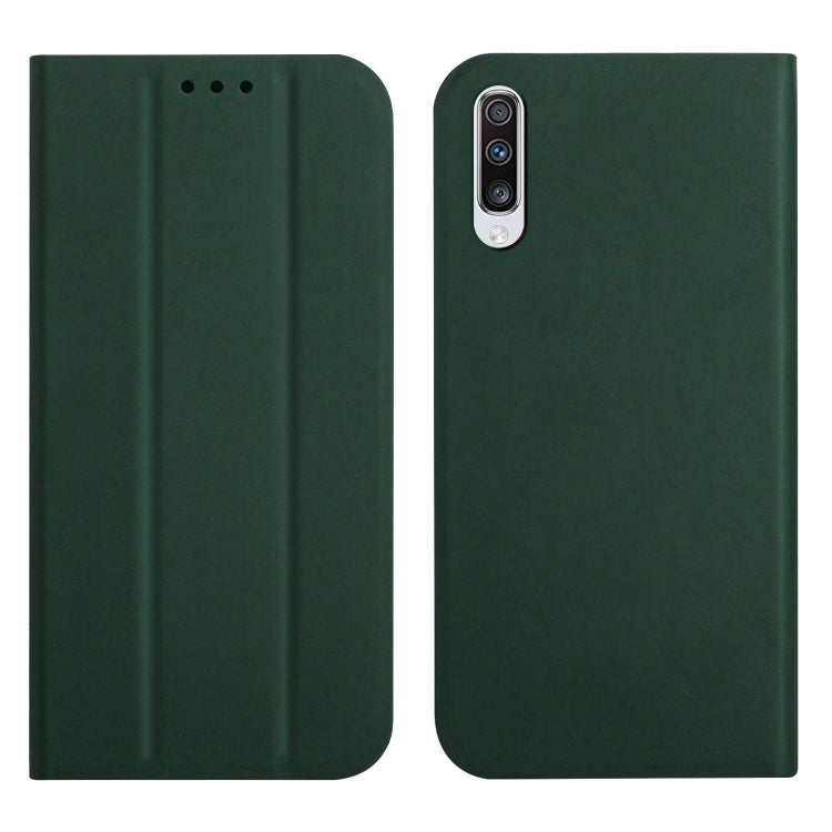 For Samsung Galaxy A50 3-Folding Ultrathin Skin Feel Magnetic Solid Color Horizontal Flip Leather Case with Holder