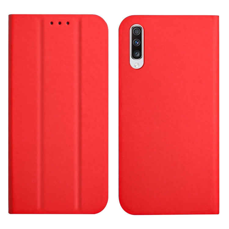 For Samsung Galaxy A50 3-Folding Ultrathin Skin Feel Magnetic Solid Color Horizontal Flip Leather Case with Holder