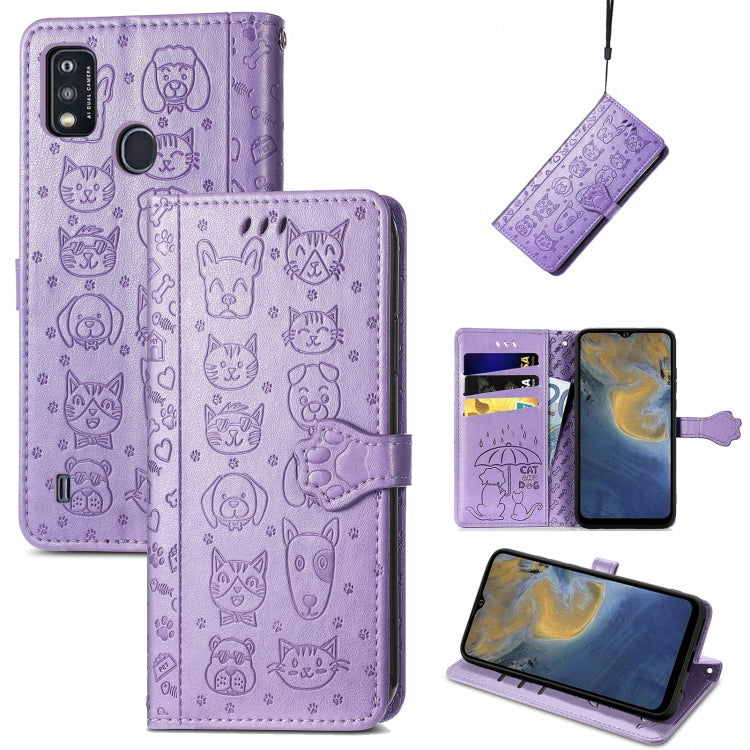 For ZTE A51 Lovely Cat and Dog Embossing Pattern Horizontal Flip Leather Case , with Holder & Card Slots & Wallet & Cartoon Clasp & Lanyard