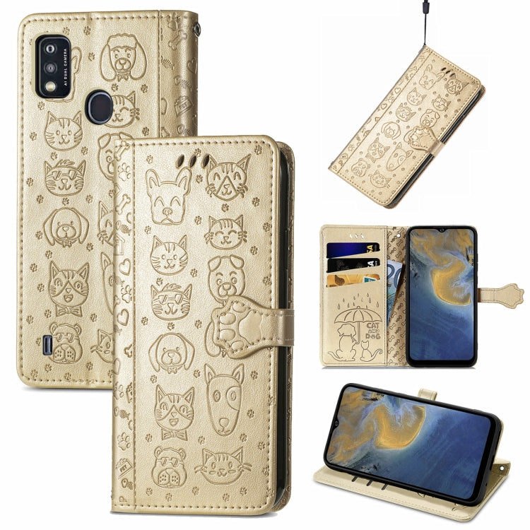 For ZTE A51 Lovely Cat and Dog Embossing Pattern Horizontal Flip Leather Case , with Holder & Card Slots & Wallet & Cartoon Clasp & Lanyard