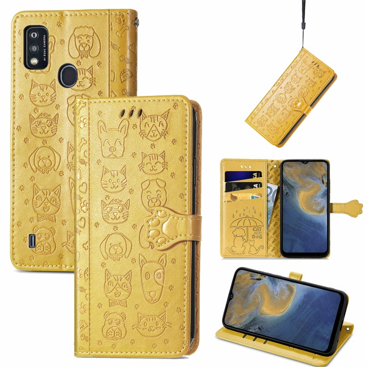 For ZTE A51 Lovely Cat and Dog Embossing Pattern Horizontal Flip Leather Case , with Holder & Card Slots & Wallet & Cartoon Clasp & Lanyard