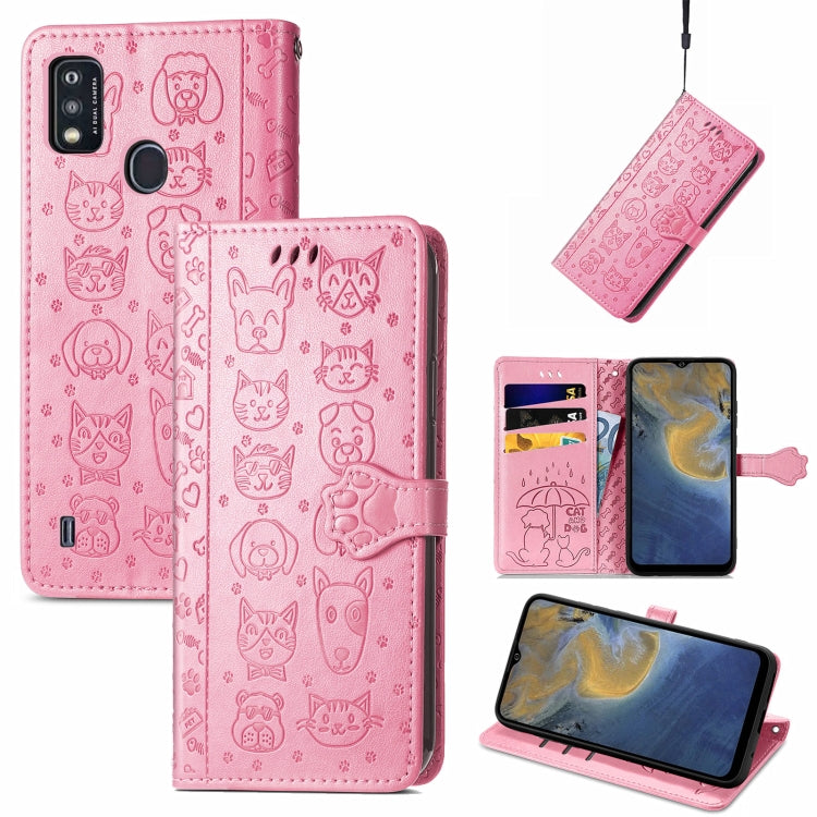 For ZTE A51 Lovely Cat and Dog Embossing Pattern Horizontal Flip Leather Case , with Holder & Card Slots & Wallet & Cartoon Clasp & Lanyard