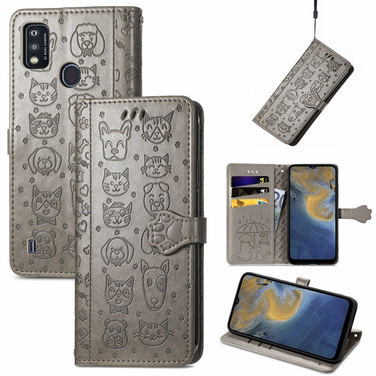 For ZTE A51 Lovely Cat and Dog Embossing Pattern Horizontal Flip Leather Case , with Holder & Card Slots & Wallet & Cartoon Clasp & Lanyard