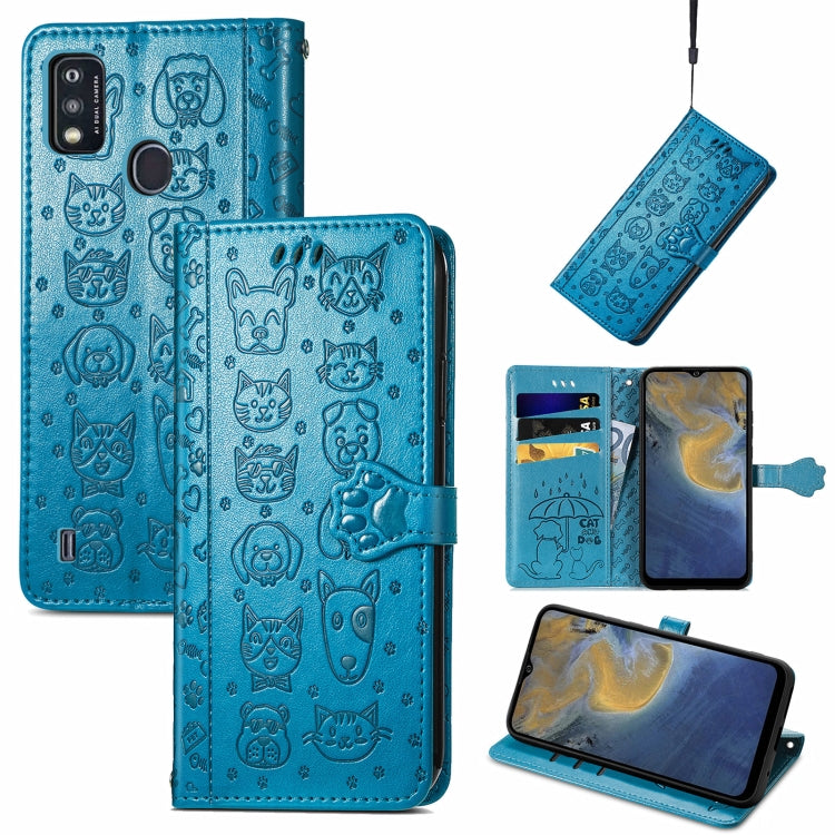 For ZTE A51 Lovely Cat and Dog Embossing Pattern Horizontal Flip Leather Case , with Holder & Card Slots & Wallet & Cartoon Clasp & Lanyard