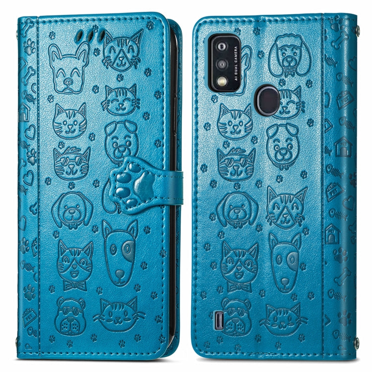 For ZTE A51 Lovely Cat and Dog Embossing Pattern Horizontal Flip Leather Case , with Holder & Card Slots & Wallet & Cartoon Clasp & Lanyard