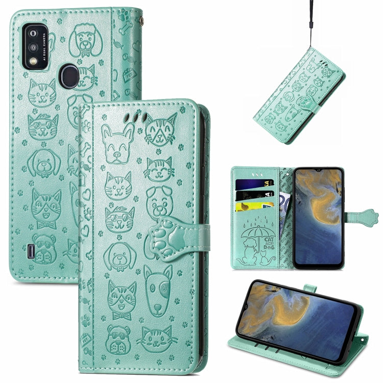 For ZTE A51 Lovely Cat and Dog Embossing Pattern Horizontal Flip Leather Case , with Holder & Card Slots & Wallet & Cartoon Clasp & Lanyard