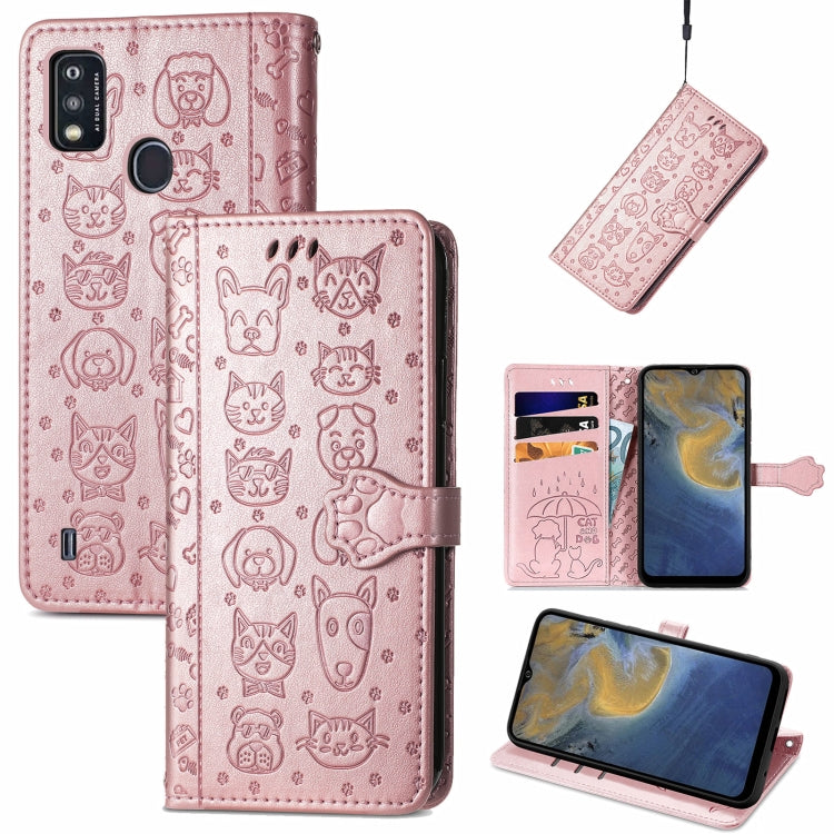 For ZTE A51 Lovely Cat and Dog Embossing Pattern Horizontal Flip Leather Case , with Holder & Card Slots & Wallet & Cartoon Clasp & Lanyard