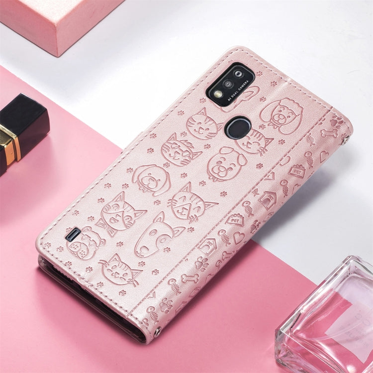 For ZTE A51 Lovely Cat and Dog Embossing Pattern Horizontal Flip Leather Case , with Holder & Card Slots & Wallet & Cartoon Clasp & Lanyard