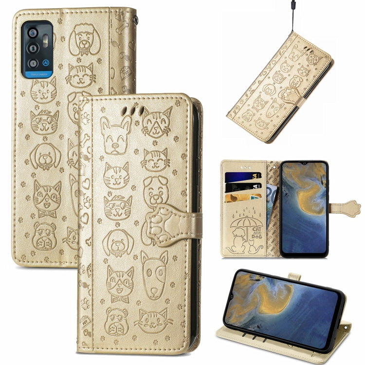 For ZTE A71 Lovely Cat and Dog Embossing Pattern Horizontal Flip Leather Case , with Holder & Card Slots & Wallet & Cartoon Clasp & Lanyard