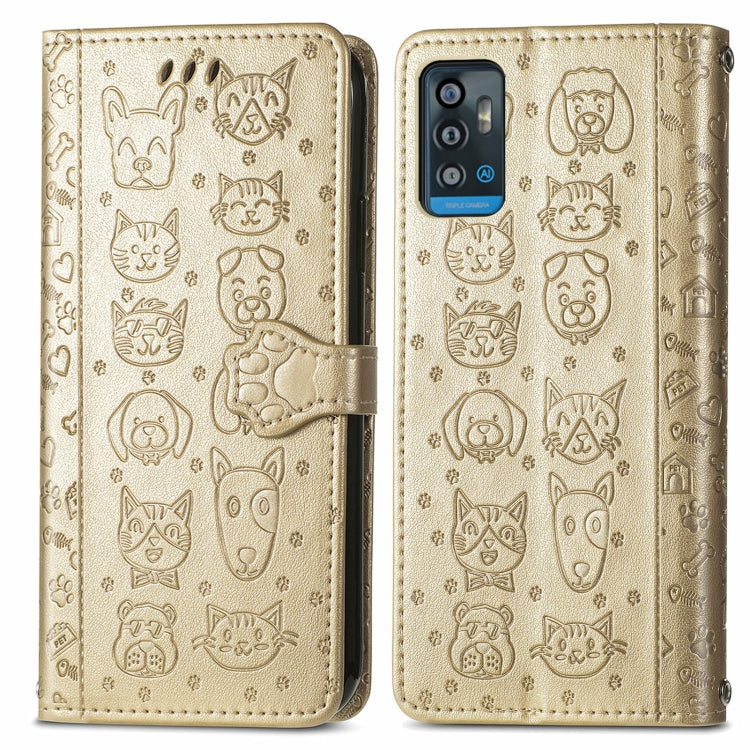 For ZTE A71 Lovely Cat and Dog Embossing Pattern Horizontal Flip Leather Case , with Holder & Card Slots & Wallet & Cartoon Clasp & Lanyard