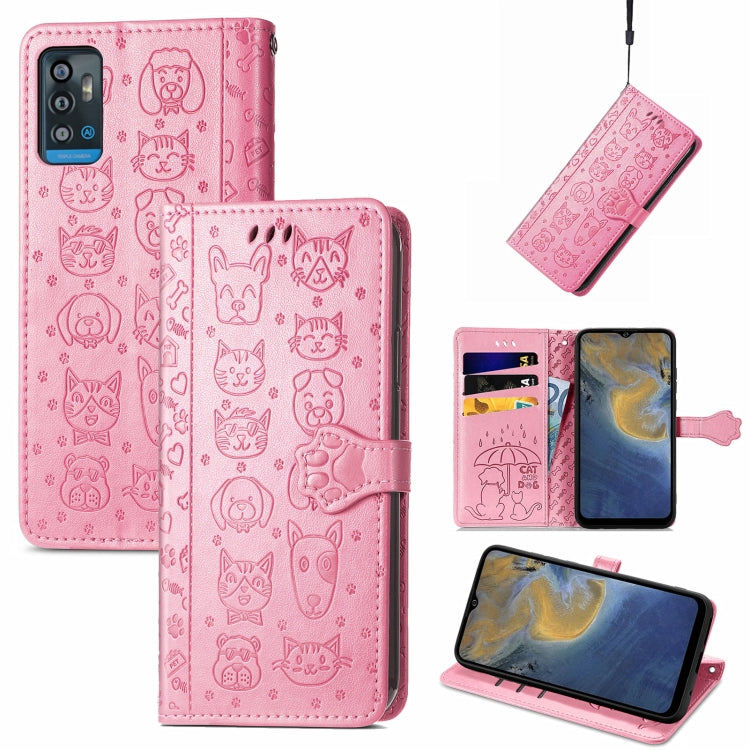 For ZTE A71 Lovely Cat and Dog Embossing Pattern Horizontal Flip Leather Case , with Holder & Card Slots & Wallet & Cartoon Clasp & Lanyard