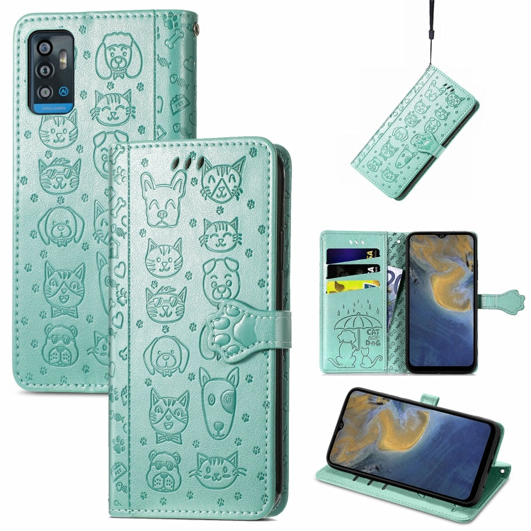 For ZTE A71 Lovely Cat and Dog Embossing Pattern Horizontal Flip Leather Case , with Holder & Card Slots & Wallet & Cartoon Clasp & Lanyard