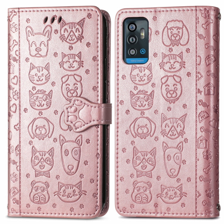 For ZTE A71 Lovely Cat and Dog Embossing Pattern Horizontal Flip Leather Case , with Holder & Card Slots & Wallet & Cartoon Clasp & Lanyard