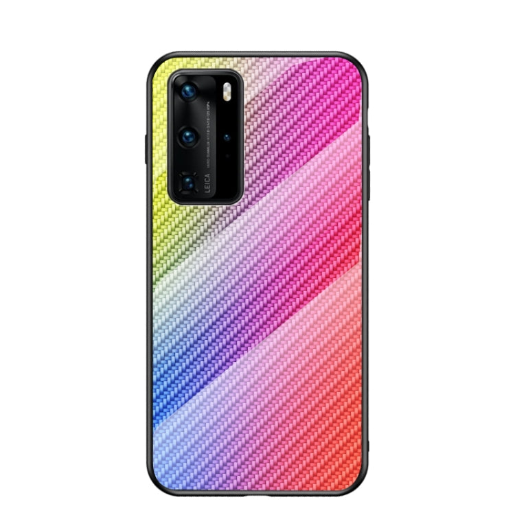 For Huawei P40 Pro Gradient Carbon Fiber Texture TPU Border Tempered Glass Case