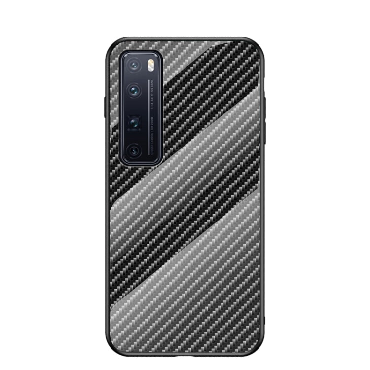 For Huawei nova 7 Pro Gradient Carbon Fiber Texture TPU Border Tempered Glass Case