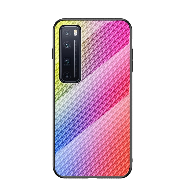For Huawei nova 7 Pro Gradient Carbon Fiber Texture TPU Border Tempered Glass Case