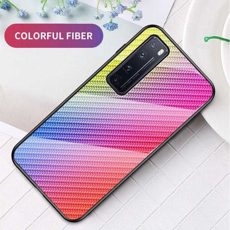 For Huawei nova 7 Pro Gradient Carbon Fiber Texture TPU Border Tempered Glass Case