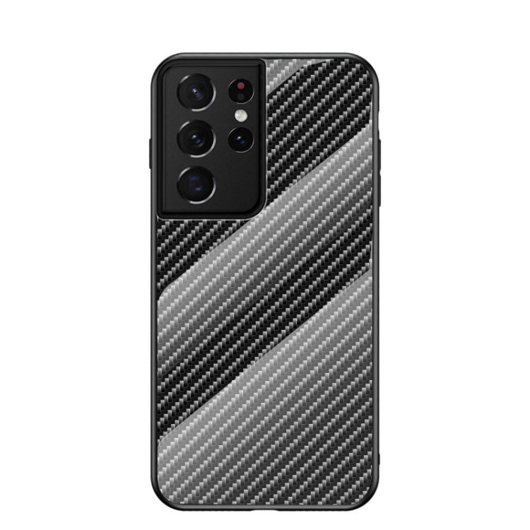 For Samsung Galaxy S21 Ultra 5G Gradient Carbon Fiber Texture TPU Border Tempered Glass Case