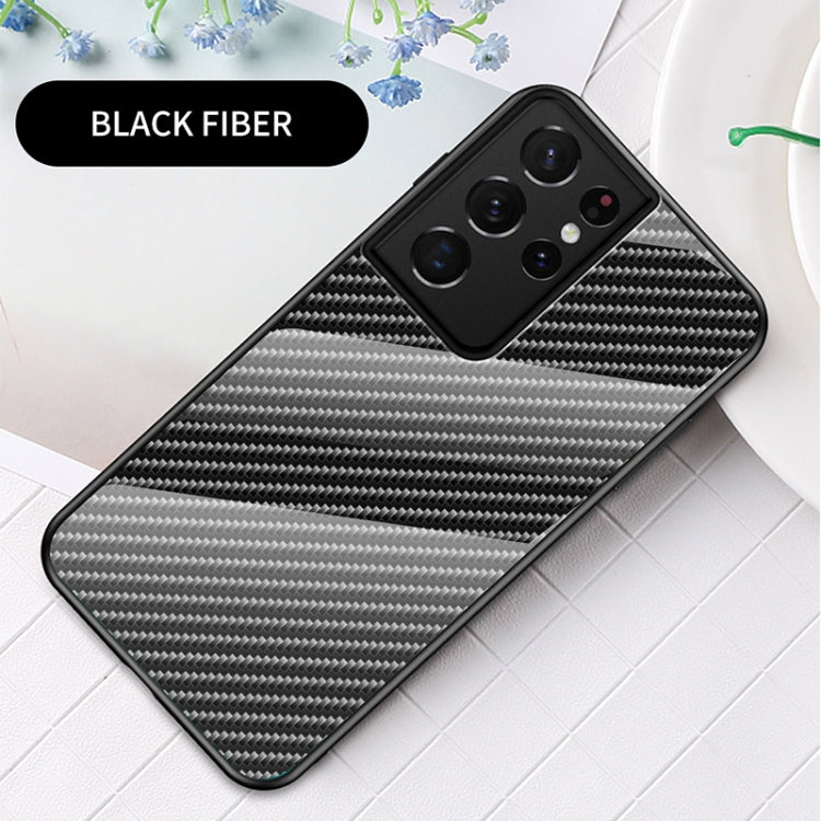 For Samsung Galaxy S21 Ultra 5G Gradient Carbon Fiber Texture TPU Border Tempered Glass Case
