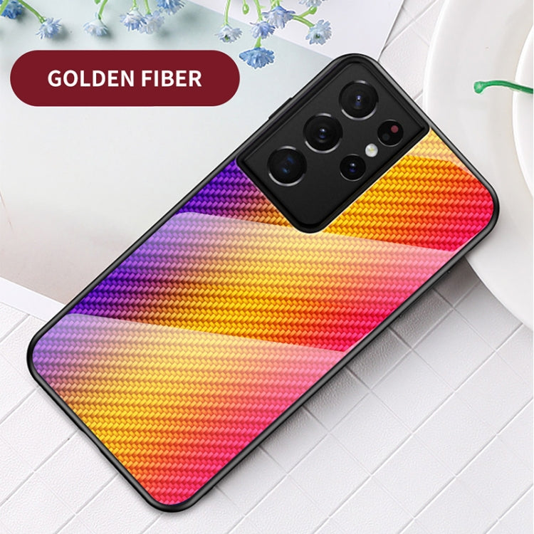 For Samsung Galaxy S21 Ultra 5G Gradient Carbon Fiber Texture TPU Border Tempered Glass Case
