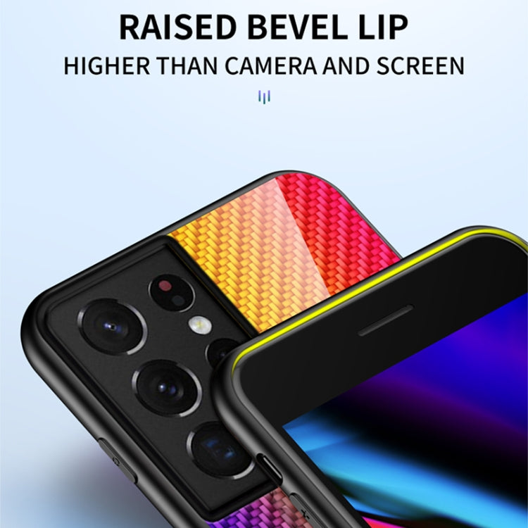 For Samsung Galaxy S21 Ultra 5G Gradient Carbon Fiber Texture TPU Border Tempered Glass Case