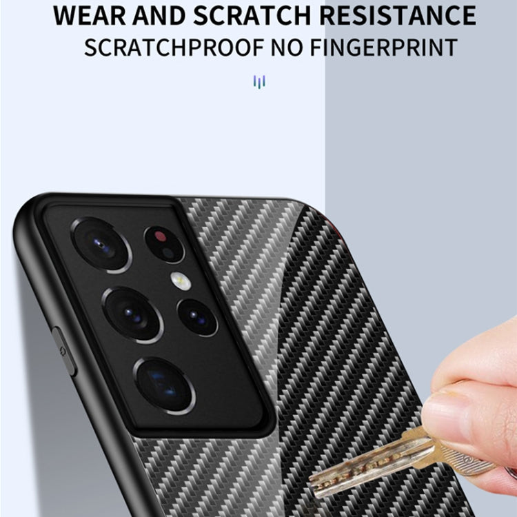 For Samsung Galaxy S21 Ultra 5G Gradient Carbon Fiber Texture TPU Border Tempered Glass Case