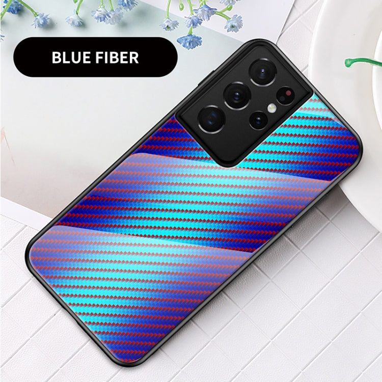 For Samsung Galaxy S21 Ultra 5G Gradient Carbon Fiber Texture TPU Border Tempered Glass Case