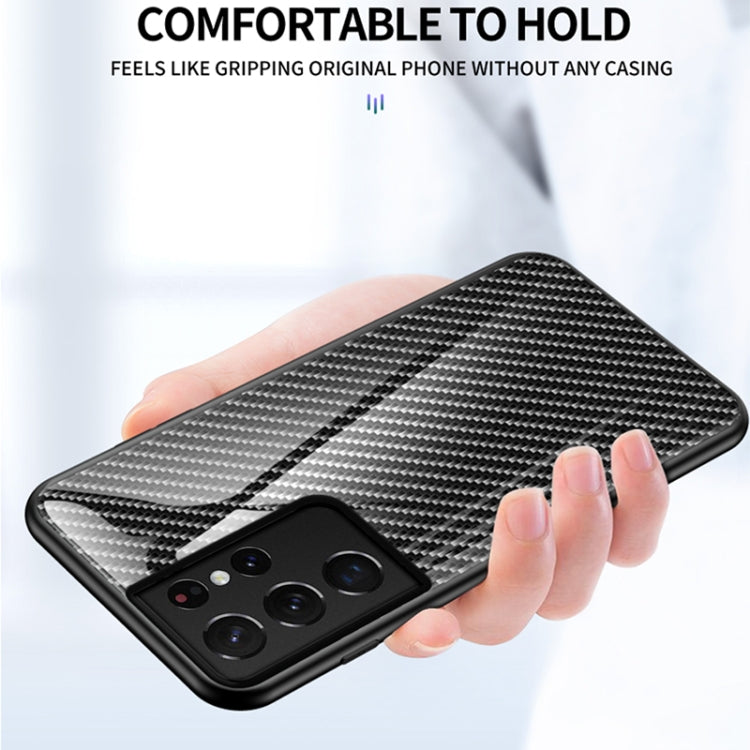 For Samsung Galaxy S21 Ultra 5G Gradient Carbon Fiber Texture TPU Border Tempered Glass Case