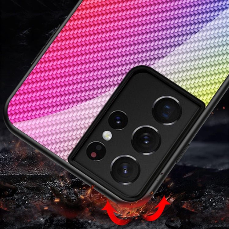 For Samsung Galaxy S21 Ultra 5G Gradient Carbon Fiber Texture TPU Border Tempered Glass Case