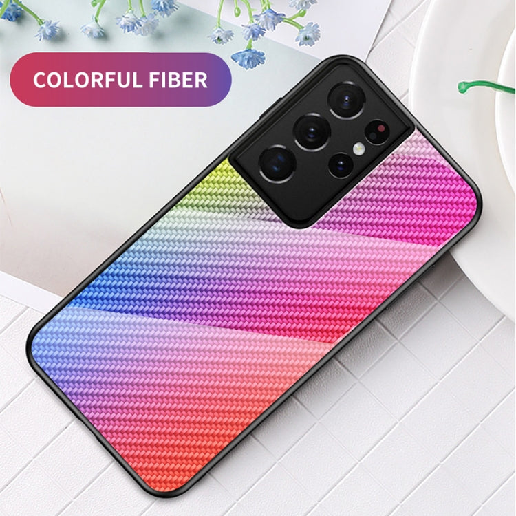 For Samsung Galaxy S21 Ultra 5G Gradient Carbon Fiber Texture TPU Border Tempered Glass Case