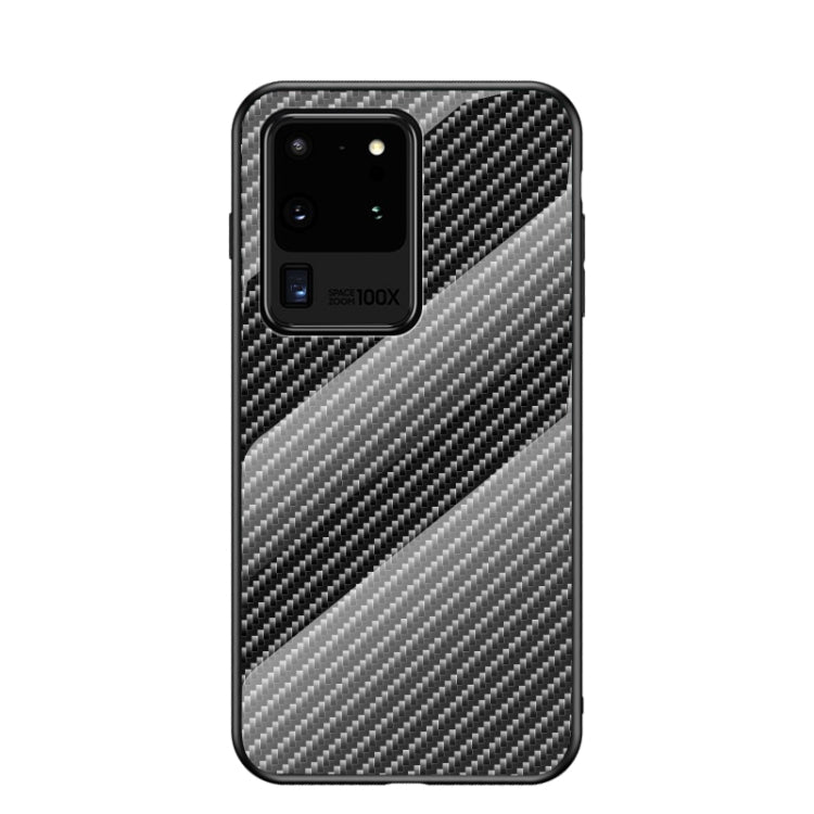 For Samsung Galaxy S20 Ultra Gradient Carbon Fiber Texture TPU Border Tempered Glass Case