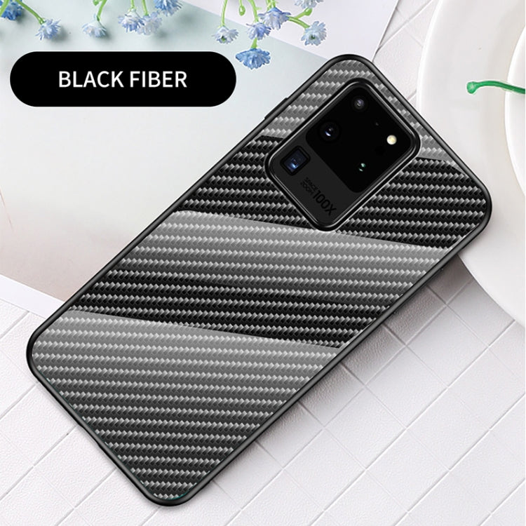 For Samsung Galaxy S20 Ultra Gradient Carbon Fiber Texture TPU Border Tempered Glass Case