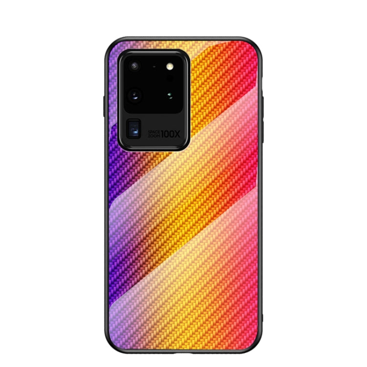 For Samsung Galaxy S20 Ultra Gradient Carbon Fiber Texture TPU Border Tempered Glass Case