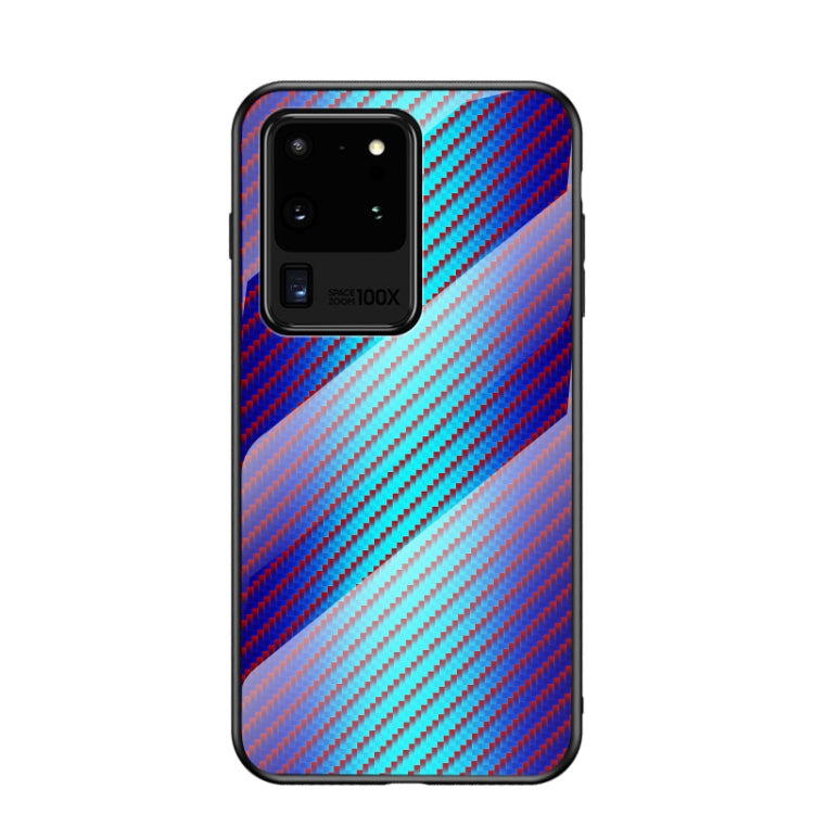 For Samsung Galaxy S20 Ultra Gradient Carbon Fiber Texture TPU Border Tempered Glass Case