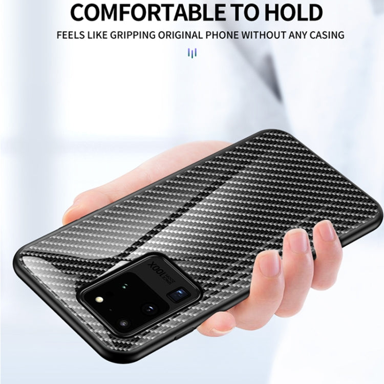 For Samsung Galaxy S20 Ultra Gradient Carbon Fiber Texture TPU Border Tempered Glass Case