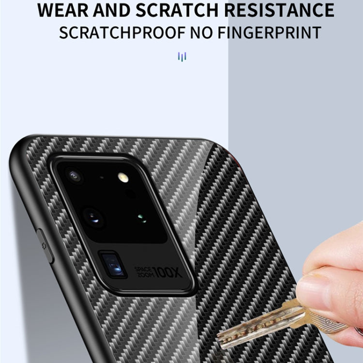 For Samsung Galaxy S20 Ultra Gradient Carbon Fiber Texture TPU Border Tempered Glass Case
