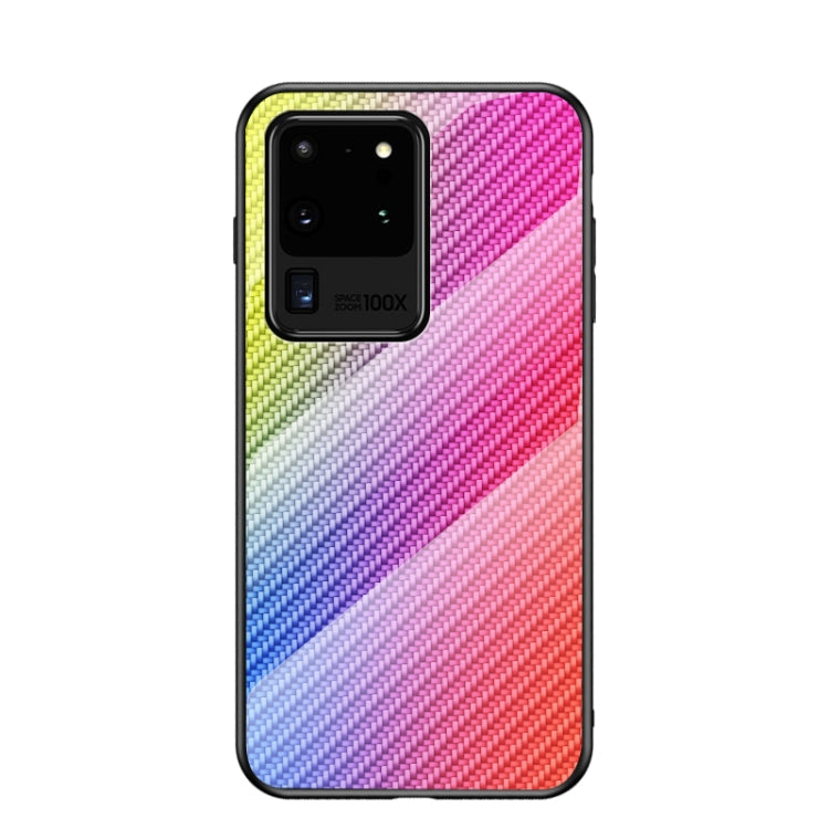 For Samsung Galaxy S20 Ultra Gradient Carbon Fiber Texture TPU Border Tempered Glass Case