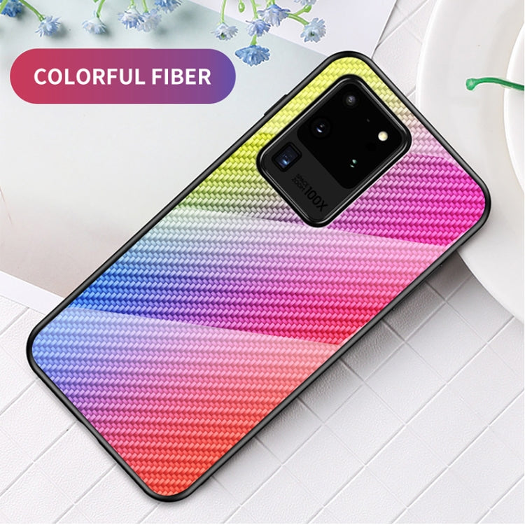 For Samsung Galaxy S20 Ultra Gradient Carbon Fiber Texture TPU Border Tempered Glass Case