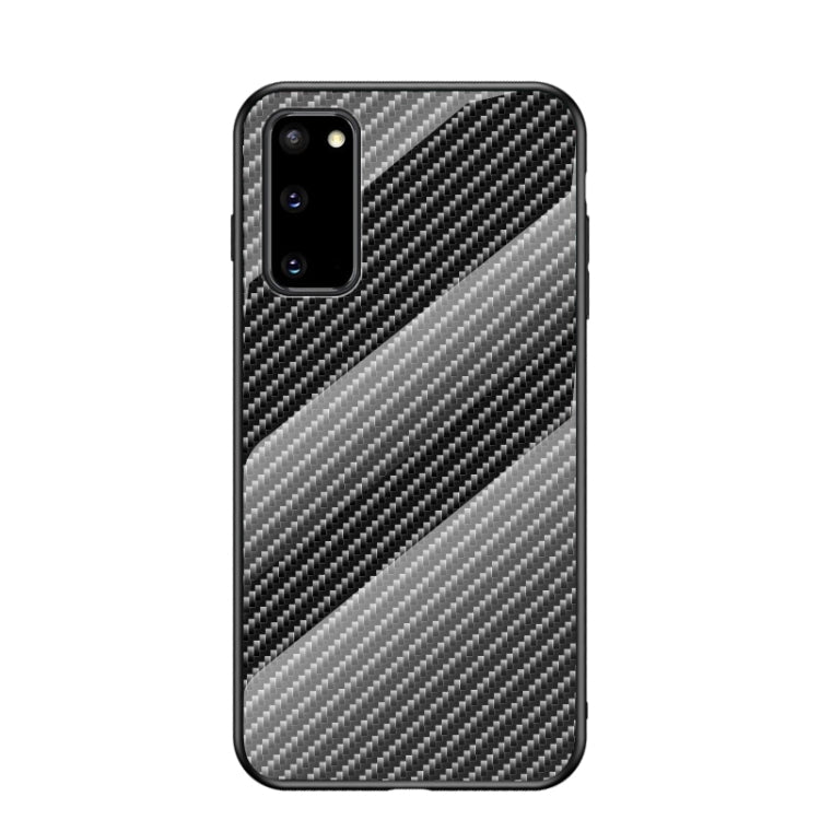 For Samsung Galaxy S20 Gradient Carbon Fiber Texture TPU Border Tempered Glass Case