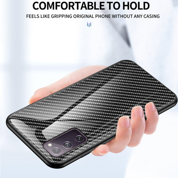 For Samsung Galaxy S20 FE Gradient Carbon Fiber Texture TPU Border Tempered Glass Case